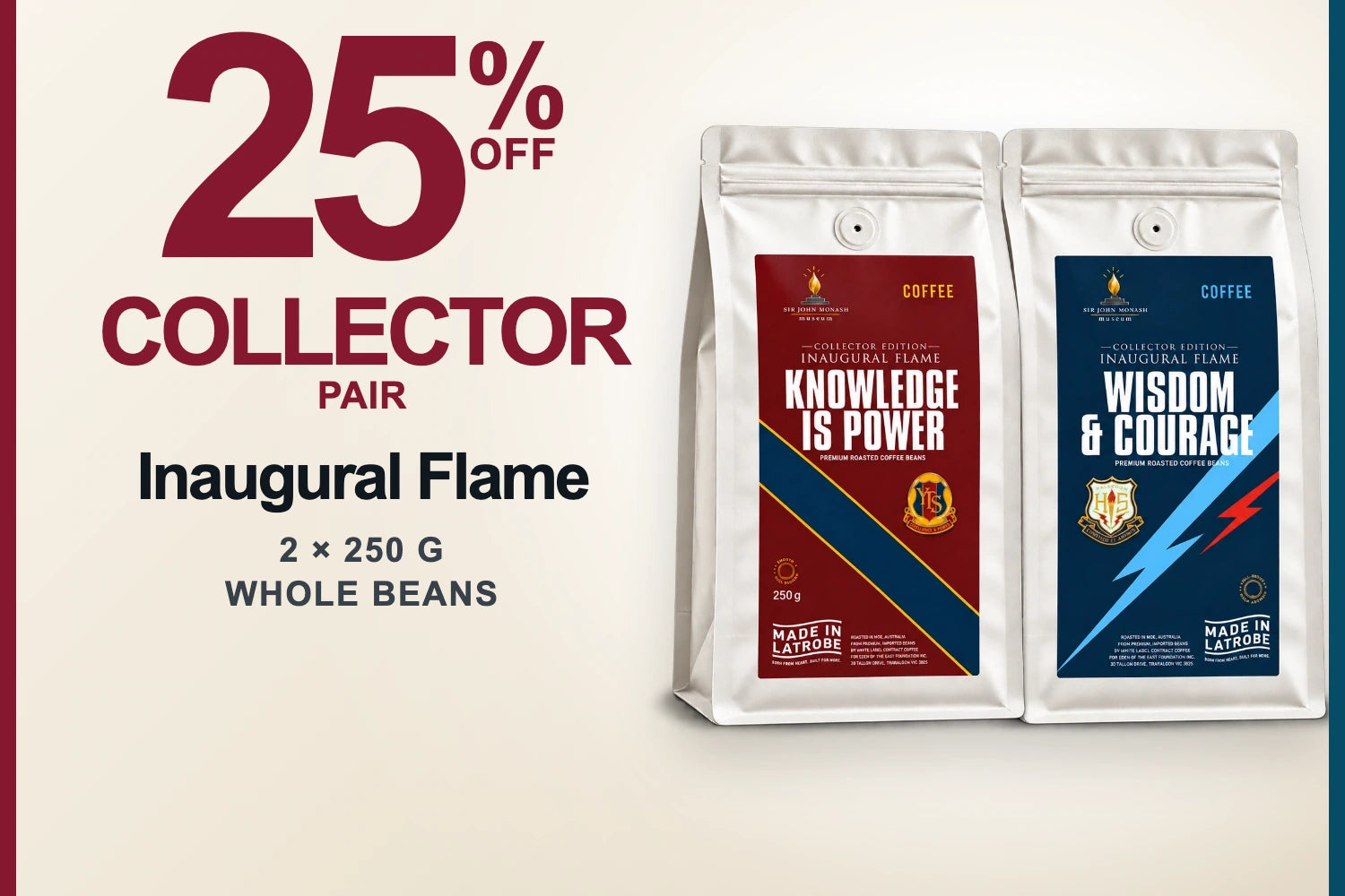 Inaugural Flame Pair with both Collector Edition coffee bags, opening price $34.90, 25 percent below the $46.60 value of two ordinary individual bags